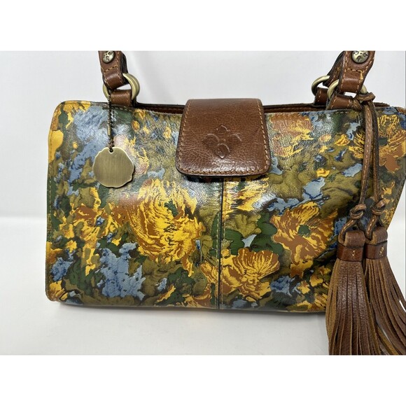 Patricia Nash Leather Rienzo Wildflower Satchel Handbag 2 Long Tassels Blue Yell - Picture 6 of 14
